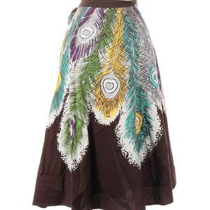 BCBGMAXAZRIA peacock feather print brown, teal, purple full skirt, Medium